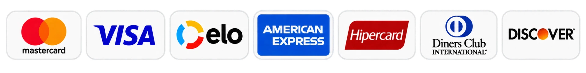 Bandeiras aceitas: Mastercard, Visa, Elo, American Express, Hipercard, Diners Club, Discover